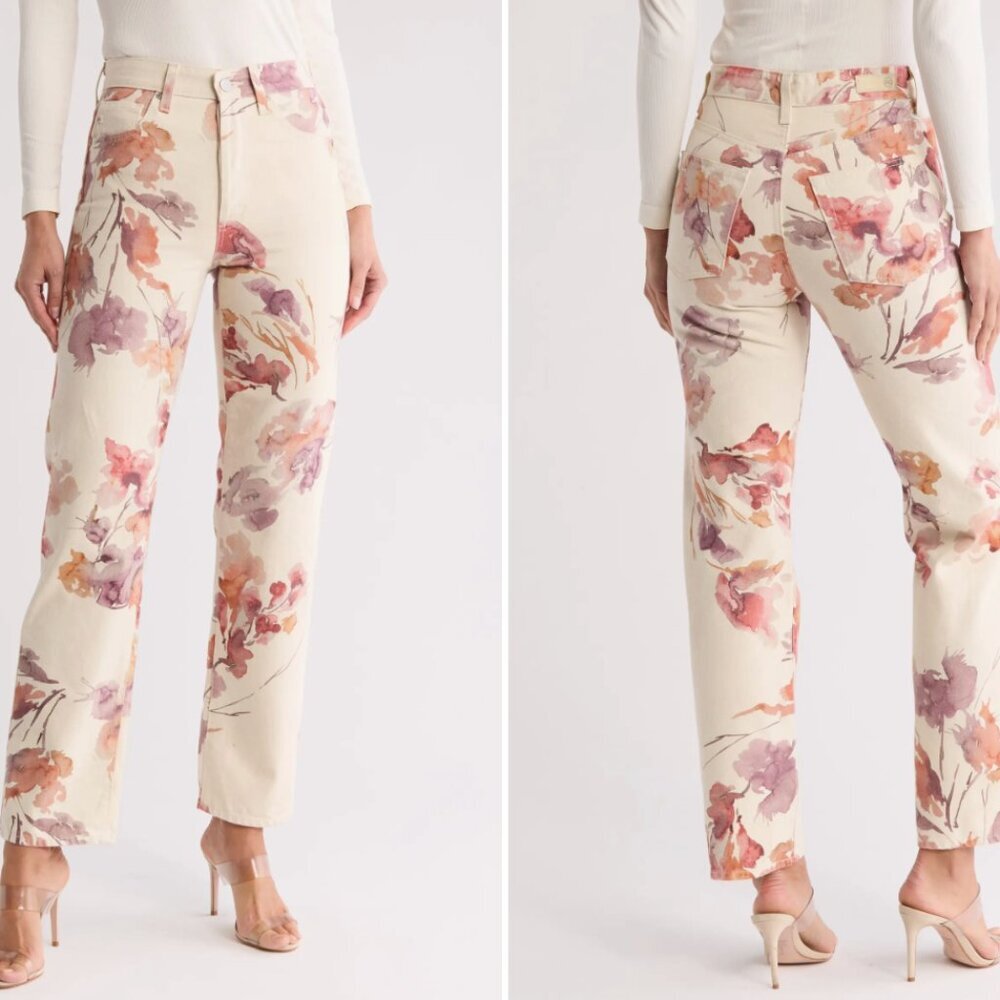 AG Adriano Goldschmied Cream Floral Straight Leg Jeans